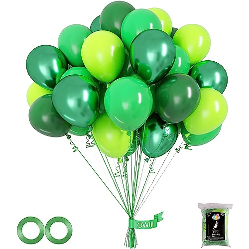 OWill 100pcs Green Balloons 12 Inches Different Shades Dark Green Emerald Green Lime Green Chrome Metallic Green Latex Balloons for Jungle Safari Party Supplies St Patricks Day Decoration - Image 1