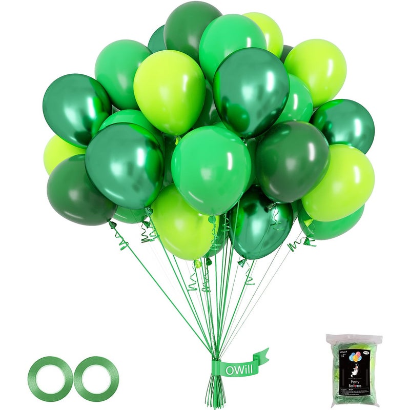 OWill 100pcs Green Balloons 12 Inches Different Shades Dark Green Emerald Green Lime Green Chrome Metallic Green Latex Balloons for Jungle Safari Party Supplies St Patricks Day Decoration - Image 2