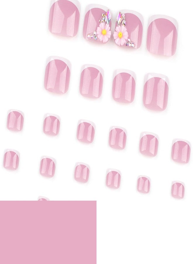 LYLYNB French Tip Press on Toenails 3D Flower Fake Toenails Short Square False Toenails Summer Toe Nails Press ons Cute Flowers Artificial Toenails Reusable Glue on Toe Nails Full Cover Stick on Toenails - Image 4