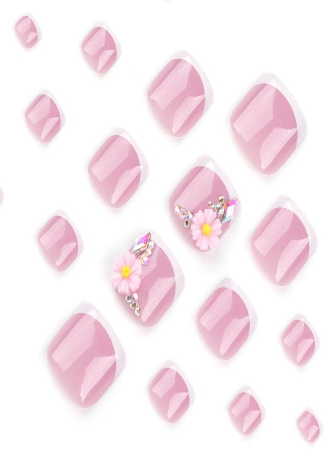 LYLYNB French Tip Press on Toenails 3D Flower Fake Toenails Short Square False Toenails Summer Toe Nails Press ons Cute Flowers Artificial Toenails Reusable Glue on Toe Nails Full Cover Stick on Toenails - Image 3