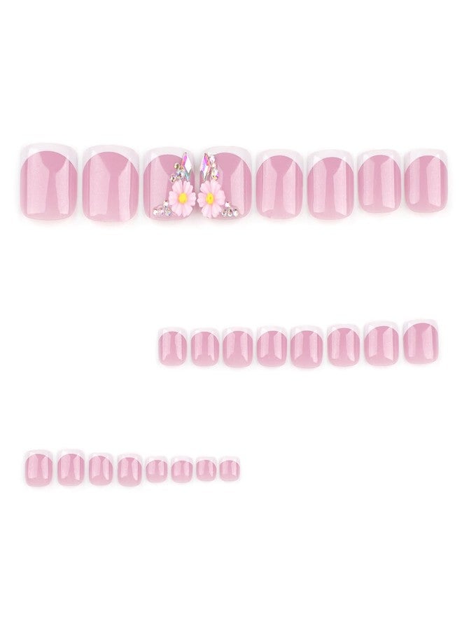 LYLYNB French Tip Press on Toenails 3D Flower Fake Toenails Short Square False Toenails Summer Toe Nails Press ons Cute Flowers Artificial Toenails Reusable Glue on Toe Nails Full Cover Stick on Toenails - Image 2