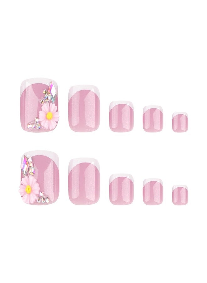 LYLYNB French Tip Press on Toenails 3D Flower Fake Toenails Short Square False Toenails Summer Toe Nails Press ons Cute Flowers Artificial Toenails Reusable Glue on Toe Nails Full Cover Stick on Toenails - Image 5