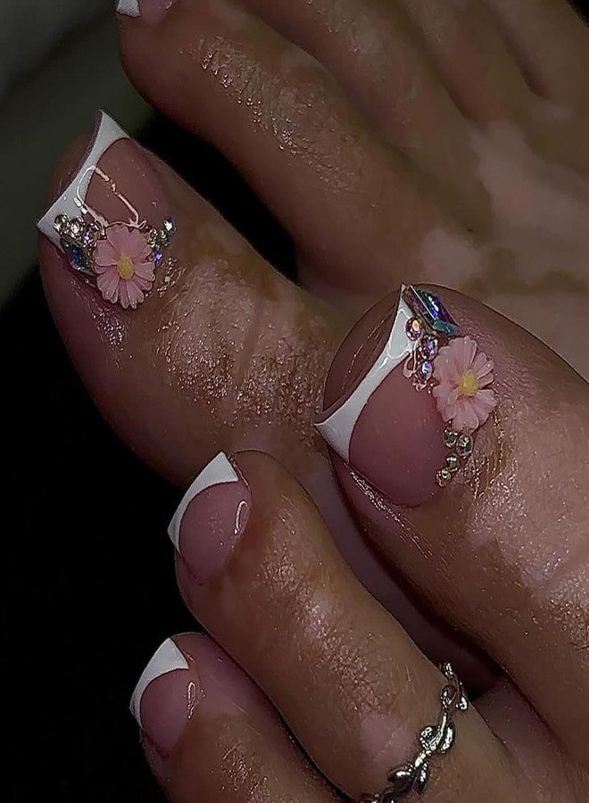 LYLYNB French Tip Press on Toenails 3D Flower Fake Toenails Short Square False Toenails Summer Toe Nails Press ons Cute Flowers Artificial Toenails Reusable Glue on Toe Nails Full Cover Stick on Toenails - Image 1
