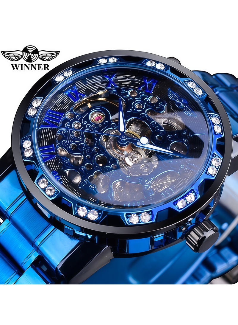 وينر ساعة رجالية أنيقة وعملية بهيكل عظمي يدوي مرصع بأحجار الراين