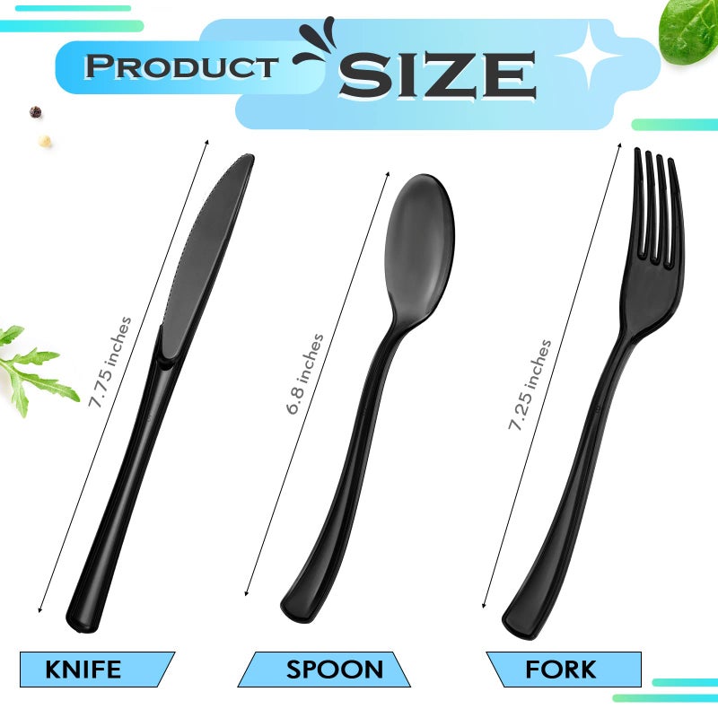 Minatee 150 Pieces Disposable Cutlery Set Plastic Silverware Heavy Duty Utensil Sets 50 Forks 50 Knives 50 Spoons for Home Office School Party Picnics Restaurant Outdoor Events or Every Day Use (Black)  - Image 2