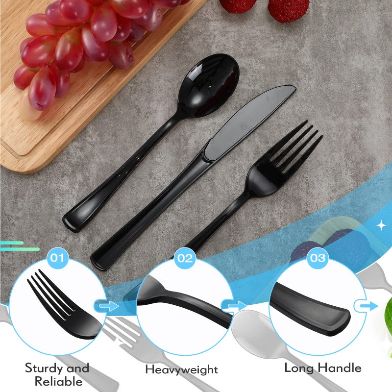 Minatee 150 Pieces Disposable Cutlery Set Plastic Silverware Heavy Duty Utensil Sets 50 Forks 50 Knives 50 Spoons for Home Office School Party Picnics Restaurant Outdoor Events or Every Day Use (Black)  - Image 3