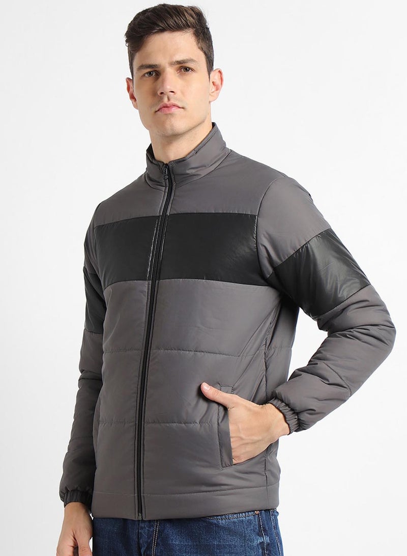 Dennis Lingo Dark Grey Regular Fit Men's Colourblocked Mock Neck Full Sleeves Polyester Jacket with Zipper Closure - Image 1