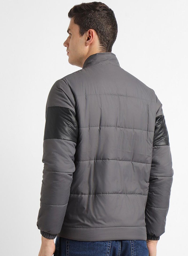 Dennis Lingo Dark Grey Regular Fit Men's Colourblocked Mock Neck Full Sleeves Polyester Jacket with Zipper Closure - Image 4