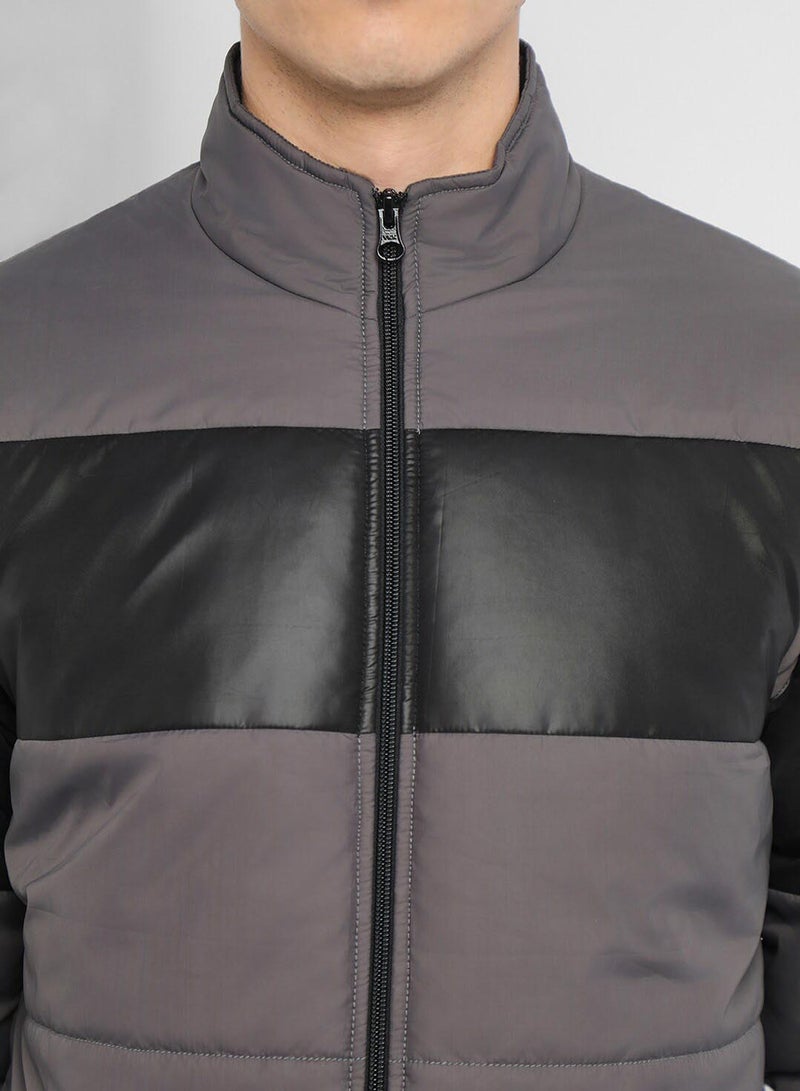 Dennis Lingo Dark Grey Regular Fit Men's Colourblocked Mock Neck Full Sleeves Polyester Jacket with Zipper Closure - Image 2