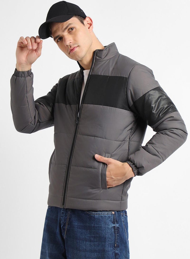 Dennis Lingo Dark Grey Regular Fit Men's Colourblocked Mock Neck Full Sleeves Polyester Jacket with Zipper Closure - Image 3