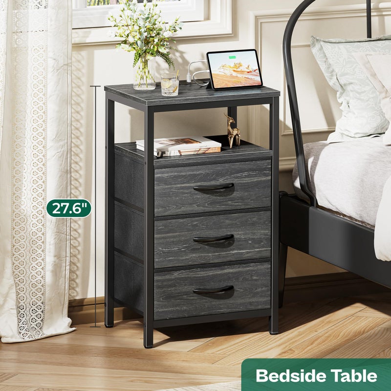 Huuger Nightstand with Charging Station, 27.6 Inch End Table Bedside Table with USB Ports and Outlets, Night Stand for Bedroom, Fabric Drawers, Charcoal Black Wood Grain Print - Image 2