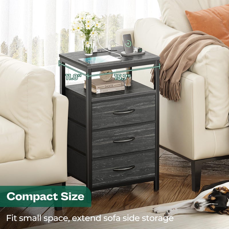 Huuger Nightstand with Charging Station, 27.6 Inch End Table Bedside Table with USB Ports and Outlets, Night Stand for Bedroom, Fabric Drawers, Charcoal Black Wood Grain Print - Image 5