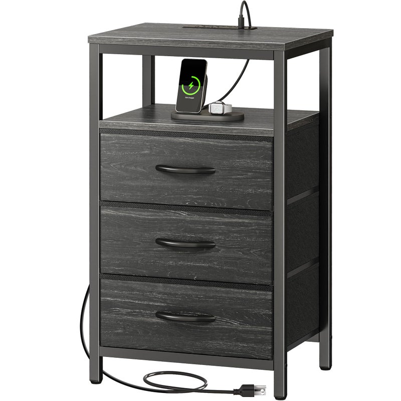 Huuger Nightstand with Charging Station, 27.6 Inch End Table Bedside Table with USB Ports and Outlets, Night Stand for Bedroom, Fabric Drawers, Charcoal Black Wood Grain Print - Image 1