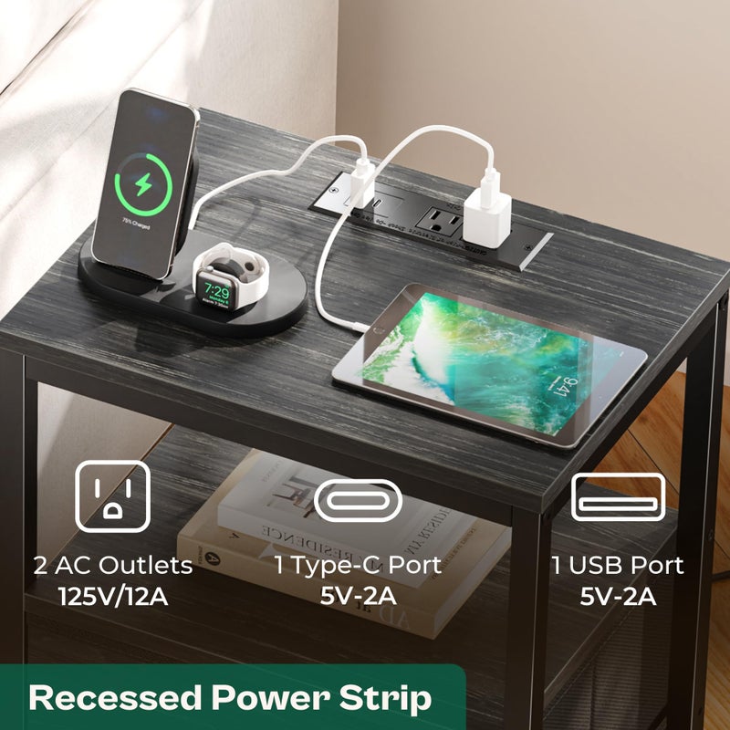 Huuger Nightstand with Charging Station, 27.6 Inch End Table Bedside Table with USB Ports and Outlets, Night Stand for Bedroom, Fabric Drawers, Charcoal Black Wood Grain Print - Image 3