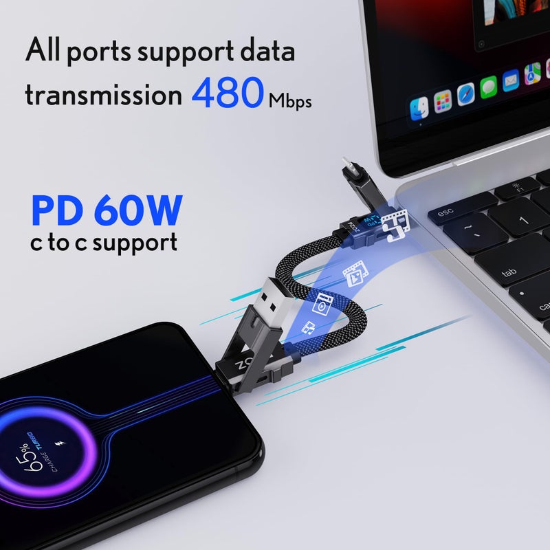 Pzoz كابل شحن متعدد pzoz مع حلقة مفاتيح وكابل شحن مع شاشة LED، مجموعة شحن سريعة 4 في 1 USB C مدمجة Lightning/Type C/USB A/USBC لجهاز iPhone و iPad و MacBook و AirPods و Samsung و Google (60W، 7.3 بوصة) - Image 4