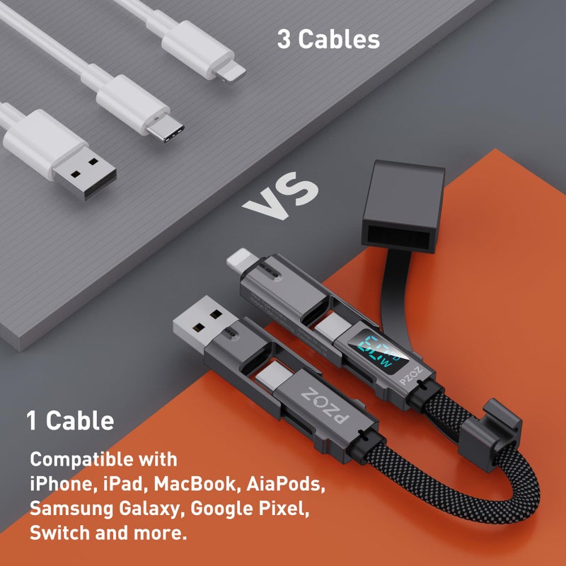 Pzoz كابل شحن متعدد pzoz مع حلقة مفاتيح وكابل شحن مع شاشة LED، مجموعة شحن سريعة 4 في 1 USB C مدمجة Lightning/Type C/USB A/USBC لجهاز iPhone و iPad و MacBook و AirPods و Samsung و Google (60W، 7.3 بوصة) - Image 5