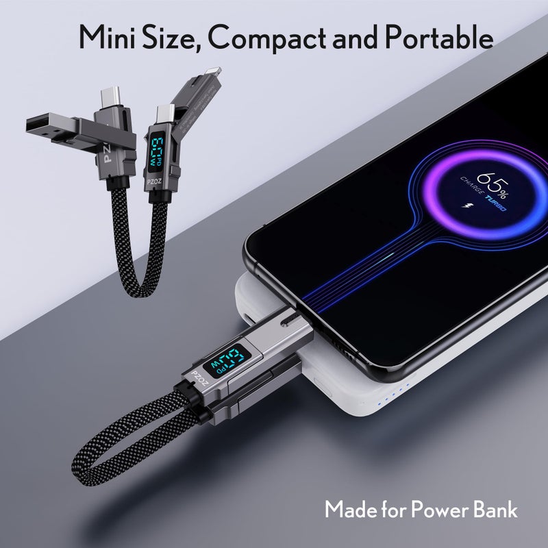 Pzoz كابل شحن متعدد pzoz مع حلقة مفاتيح وكابل شحن مع شاشة LED، مجموعة شحن سريعة 4 في 1 USB C مدمجة Lightning/Type C/USB A/USBC لجهاز iPhone و iPad و MacBook و AirPods و Samsung و Google (60W، 7.3 بوصة) - Image 3