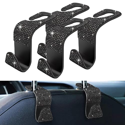MEALAM 4 Pack Blink Diamond Car Seat Headrest Hooks Crystal Rhinestone Car Purse Holder Universal Interior Accessories for Handbags Water Bottles Coats Umbrellas Black - Image 1