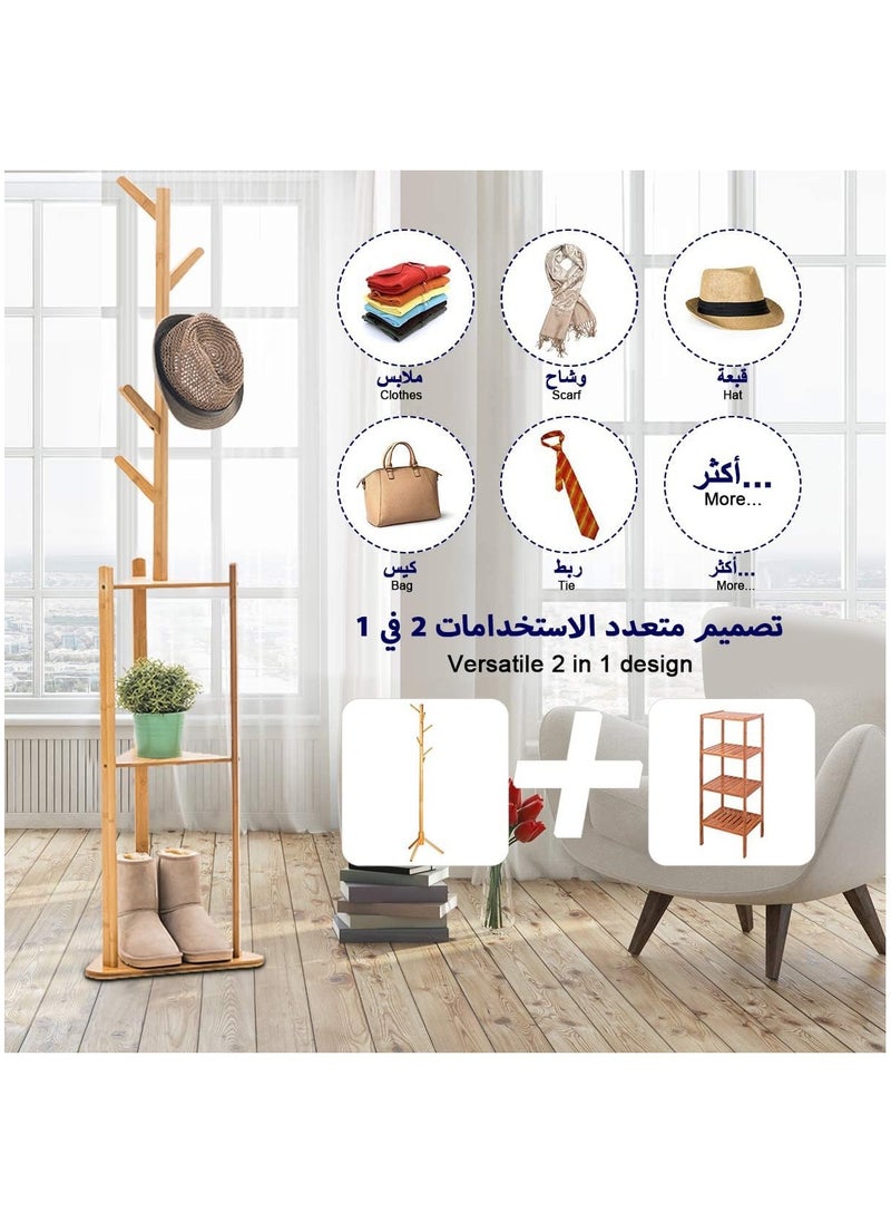 Hihonor - Free Standing Hanger Coat Rack Hat Rack Hat Tree Hallstand with 5 Hooks 2 Tier Storage Shelf Large Space for Hanging Clothes Hats Scarves Handbags Placing Books Plants in Office Home - Image 1