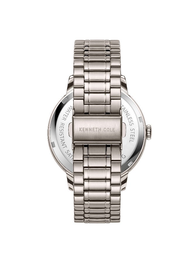 Kenneth Cole New York ساعة أنالوج للرجال بقرص رمادي من الفولاذ المقاوم للصدأ الدافئ الفضي - 42 مم - Image 3