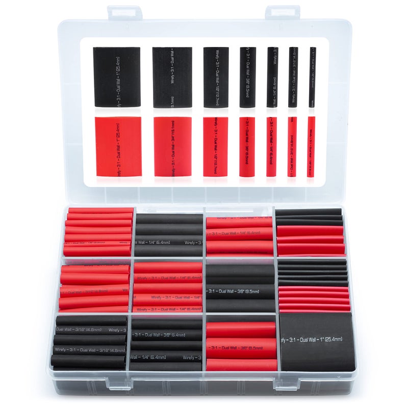 Wirefy Heat Shrink Tubing Kit - 3:1 Ratio Adhesive Lined, a resistant Shrink Wrap - Automotive Industrial Heat-Shrink Tubing - Black, Red - 200 PCS - Image 1