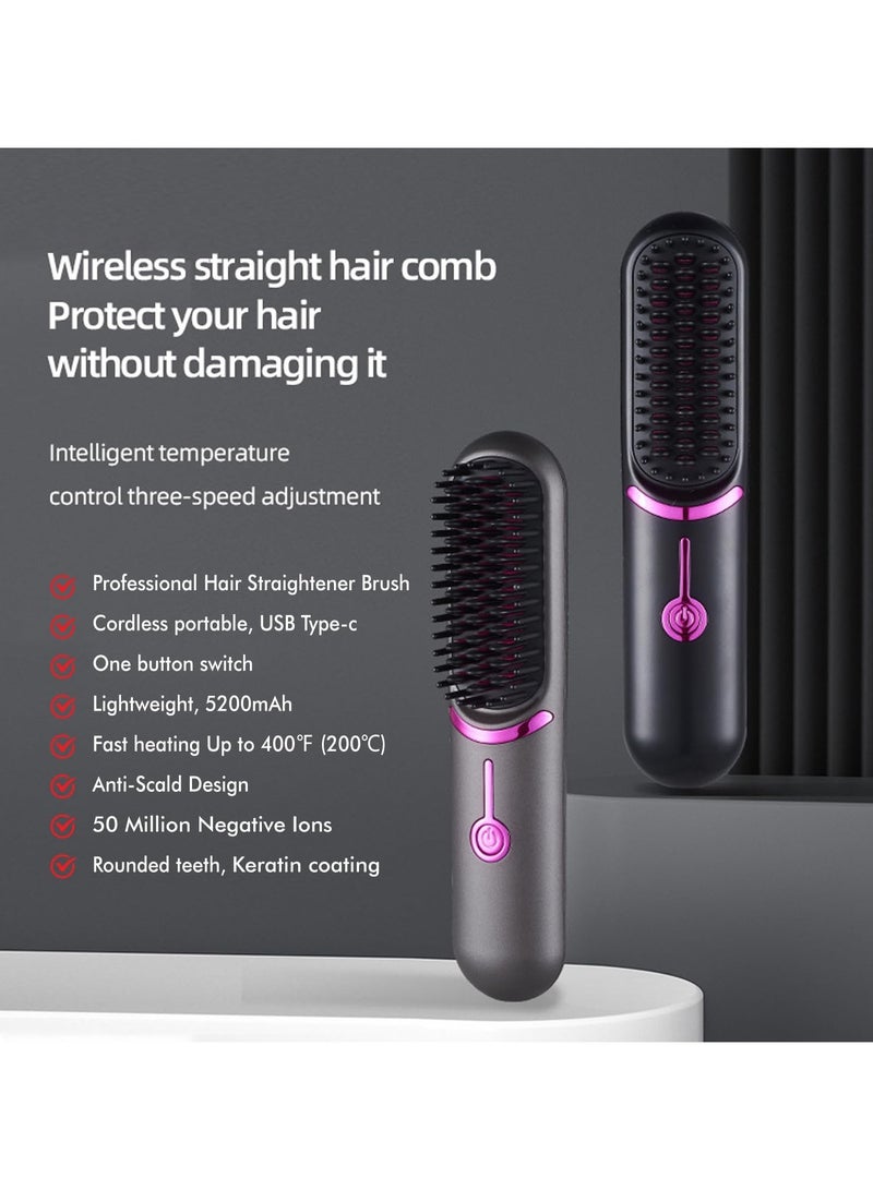 SYOSI Mini Cordless Hair Straightener Brush, Portable Mini Straightening Brush for Travel, USB Rechargeable, Anti-Scald, Gifts for Women, Lovers or Friends (Gray) - Image 2
