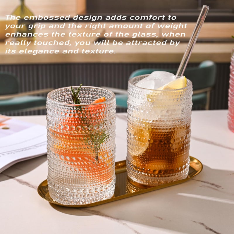 نظارات الشرب KMIGRUAN Hobnail مع القش 15oz مجموعة من الأواني الزجاجية العتيقة المكونة من 6 أكواب مياه عتيقة منقوشة نظارات Highball للكوكتيل والويسكي والبيرة والعصير - Image 3