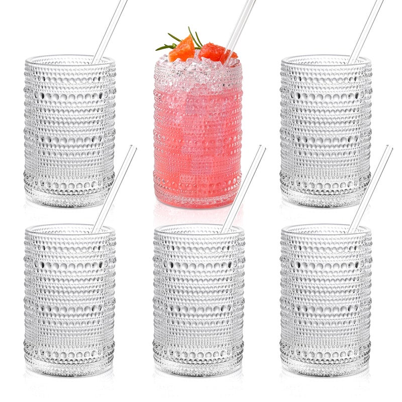 نظارات الشرب KMIGRUAN Hobnail مع القش 15oz مجموعة من الأواني الزجاجية العتيقة المكونة من 6 أكواب مياه عتيقة منقوشة نظارات Highball للكوكتيل والويسكي والبيرة والعصير - Image 1