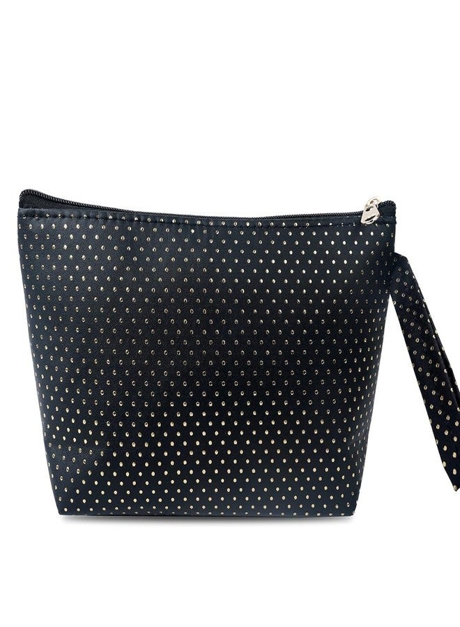 Cosmetic Pouch Black with White Polka Dots | Zippered Makeup Bag with Wrist Strap | Travel Toiletry Organizer for Women - Image 1