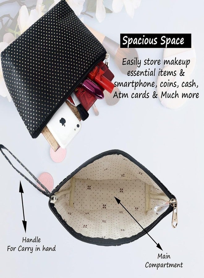 Cosmetic Pouch Black with White Polka Dots | Zippered Makeup Bag with Wrist Strap | Travel Toiletry Organizer for Women - Image 2