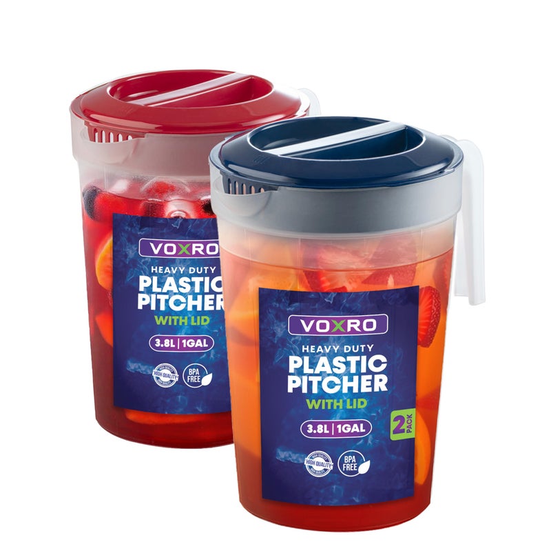 VOXRO 2-Pack 1-Gallon Plastic Pitchers with Lids â€“ Iced Tea Pitchers with Twist Cover BPA-Free, Dishwasher & Freezer Safe, Ideal for Water, Juice & Fridge Storage - Image 1