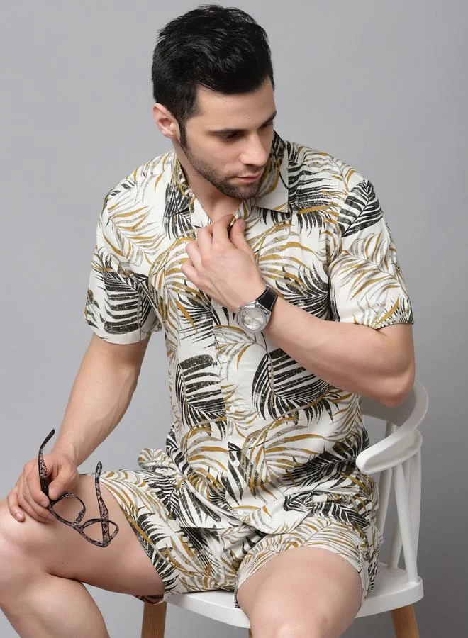Take Two Men White Palm Leaves Print Shirt and Shorts Co-ords By Rigo