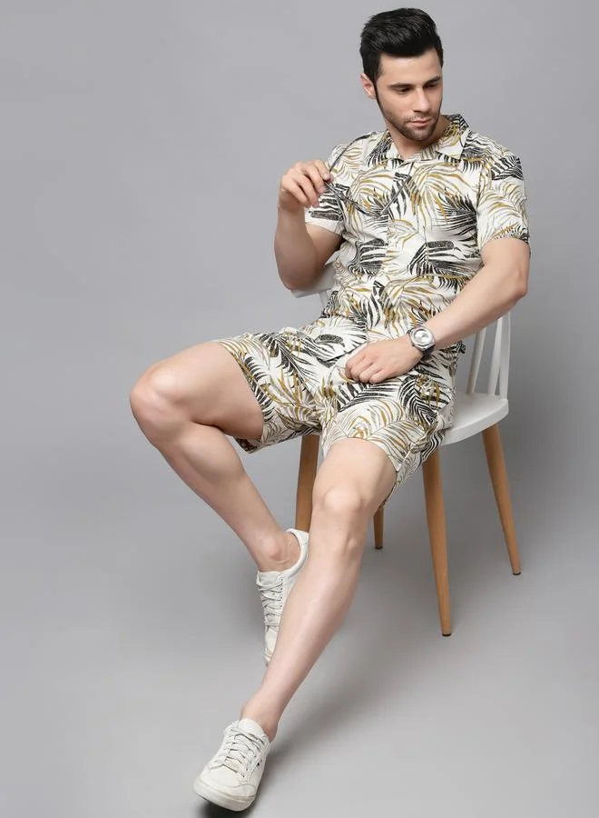 Take Two Men White Palm Leaves Print Shirt and Shorts Co-ords By Rigo