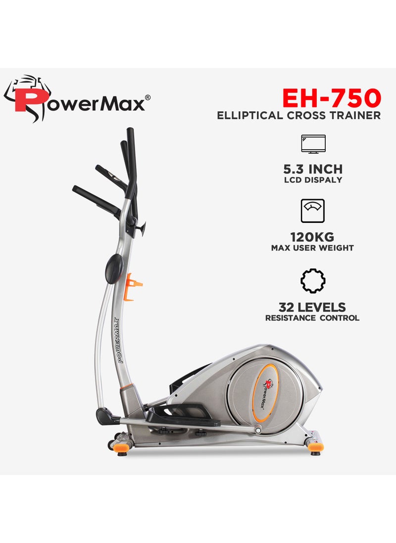 PowerMax Fitness PowerMax Fitness® EH-750 Elliptical Cross Trainer Home Gym Workout Machine Water Bottle Cage, LCD Display, Max User Weight 120kg,Heart Rate Sensor, Anti Slip Pedal & 32 Level Resistance Silver  - Image 2