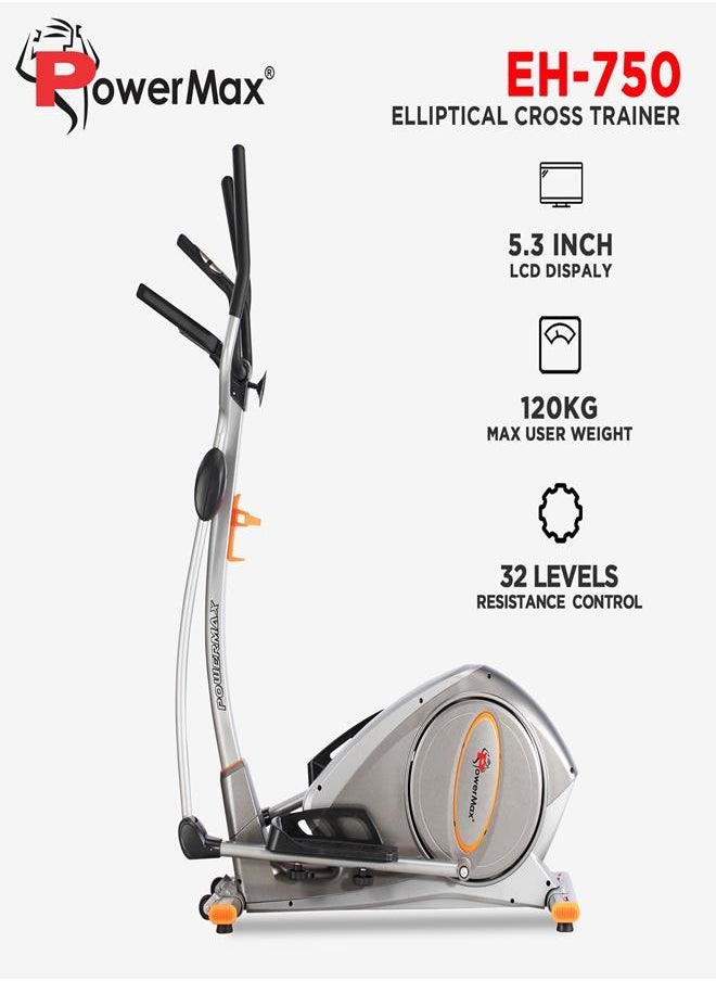 PowerMax Fitness Fitness Eh-750 Elliptical Cross Trainer Home Gym Workout Machine [Water Bottle Cage, Lcd Display, Heart Rate Sensor, Anti Slip Pedal & 32 Level Resistance, Flywheel: 9Kg] For Cardio Training  - Image 2