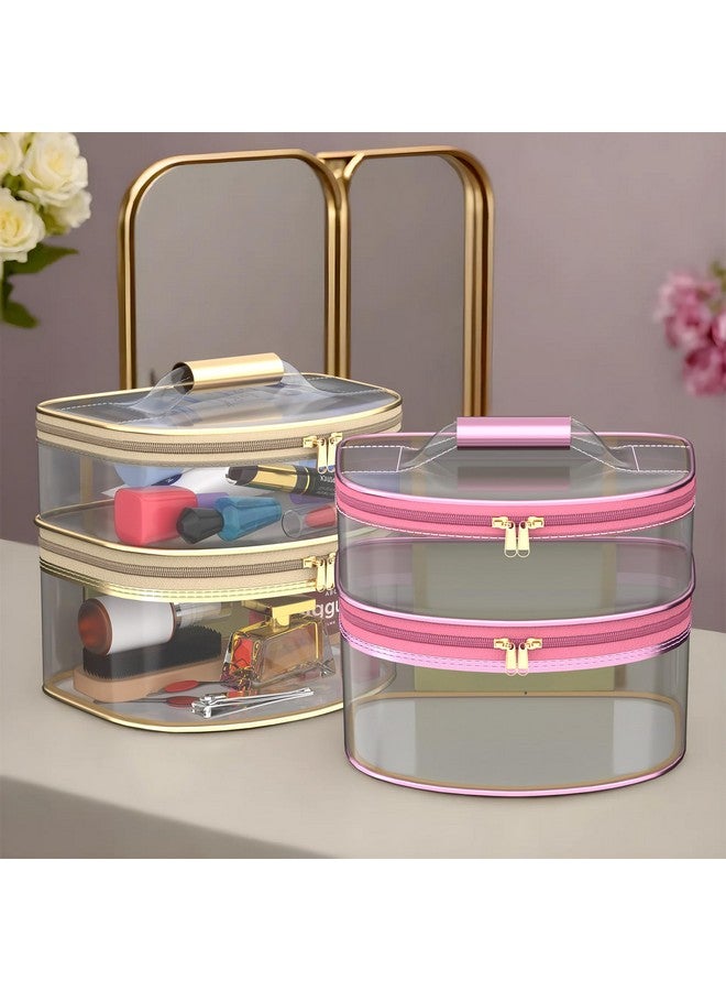 Kuber Industries Pack Of 2 Travel Storage Organizer | Dual Layer Cosmetic Bag With Handle | Transparent Jewellery Kit | Travel Makeup Pouch | Toiletries Storage Kit | D Shapedesign | Pink & Golden - Image 1