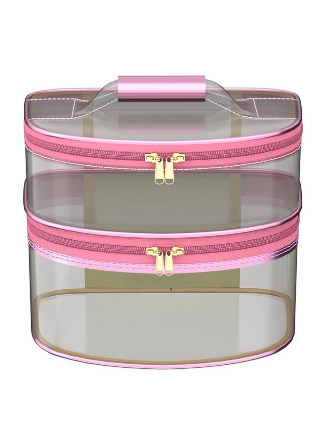 Kuber Industries Pack Of 2 Travel Storage Organizer | Dual Layer Cosmetic Bag With Handle | Transparent Jewellery Kit | Travel Makeup Pouch | Toiletries Storage Kit | D Shapedesign | Pink & Golden - Image 2