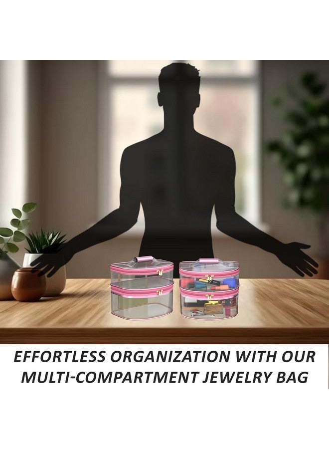 Kuber Industries Pack Of 2 Travel Storage Organizer | Dual Layer Cosmetic Bag With Handle | Transparent Jewellery Kit | Travel Makeup Pouch | Toiletries Storage Kit | D Shapedesign | Pink & Golden - Image 4