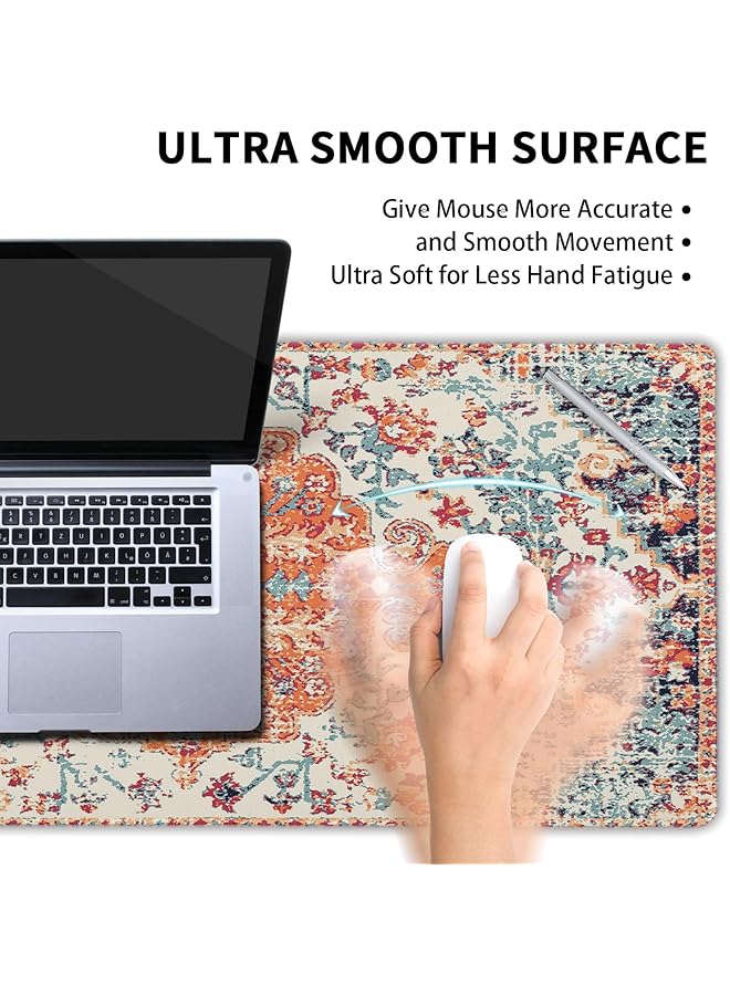 إيروريكس وسادة ماوس ألعاب برتقالية زرقاء زرقاء كبيرة الحجم بنمط بوهيمي عتيق بقاعدة مطاطية غير قابلة للانزلاق وحافة مخيطة ووسادة مكتب طويلة لسطح المكتب والكمبيوتر الشخصي وألعاب الكمبيوتر الشخصي مقاس 31.5×11.8 بوصة - Image 4