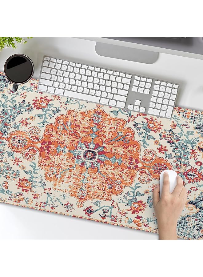 إيروريكس وسادة ماوس ألعاب برتقالية زرقاء زرقاء كبيرة الحجم بنمط بوهيمي عتيق بقاعدة مطاطية غير قابلة للانزلاق وحافة مخيطة ووسادة مكتب طويلة لسطح المكتب والكمبيوتر الشخصي وألعاب الكمبيوتر الشخصي مقاس 31.5×11.8 بوصة - Image 5