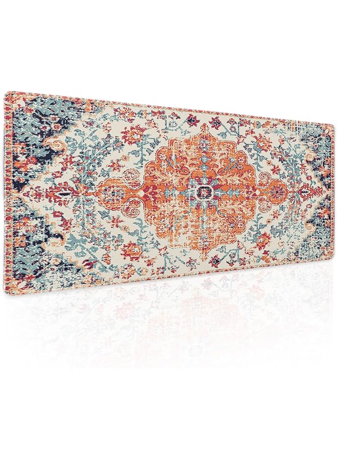 إيروريكس وسادة ماوس ألعاب برتقالية زرقاء زرقاء كبيرة الحجم بنمط بوهيمي عتيق بقاعدة مطاطية غير قابلة للانزلاق وحافة مخيطة ووسادة مكتب طويلة لسطح المكتب والكمبيوتر الشخصي وألعاب الكمبيوتر الشخصي مقاس 31.5×11.8 بوصة - Image 1