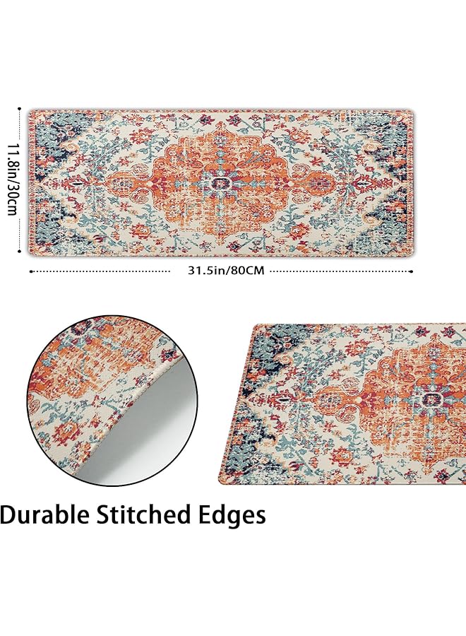 إيروريكس وسادة ماوس ألعاب برتقالية زرقاء زرقاء كبيرة الحجم بنمط بوهيمي عتيق بقاعدة مطاطية غير قابلة للانزلاق وحافة مخيطة ووسادة مكتب طويلة لسطح المكتب والكمبيوتر الشخصي وألعاب الكمبيوتر الشخصي مقاس 31.5×11.8 بوصة - Image 2