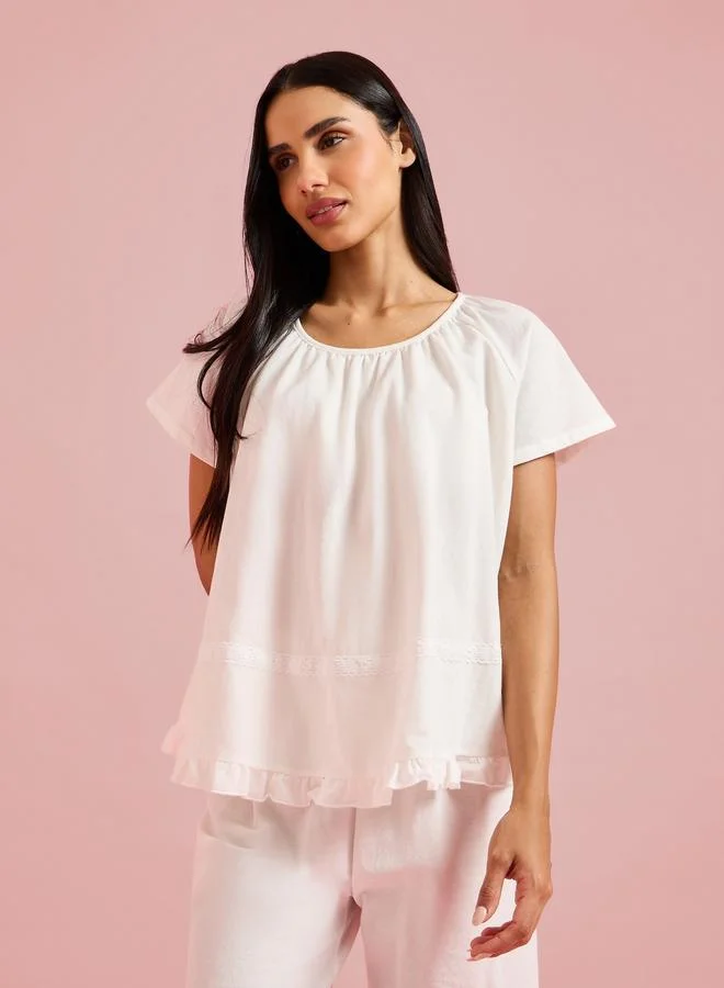 Styli White Solid Ruffle Details Top and Pants Pyjama Set