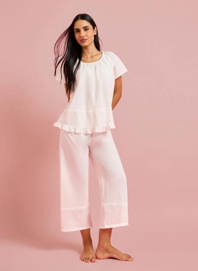 White Solid Ruffle Details Top and Pants Pyjama Set