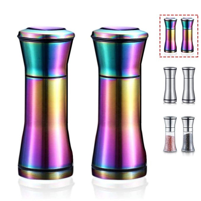 RAINBOW SALT AND PEPPER SHAKERS TITANIUM PLATING STAINLESS STEEL SALT AND PEPPER GRINDERS REFILLABLE PEPPER GRINDER PEPPER MILL SALT GRINDER SALT SHAKER SALT PEPPER SHAKER SET OF 2