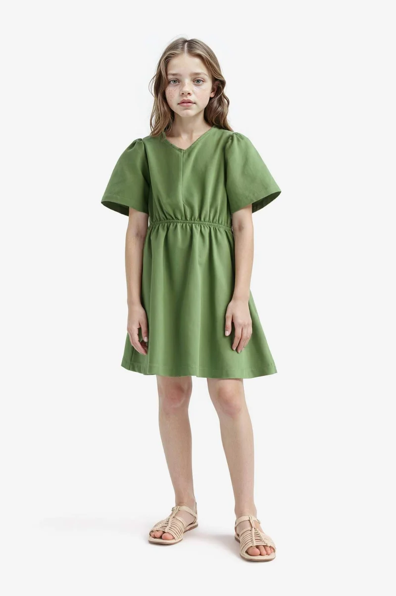 DeFacto Girl Standard Fit V Neck Gabardine Short Sleeve Dress