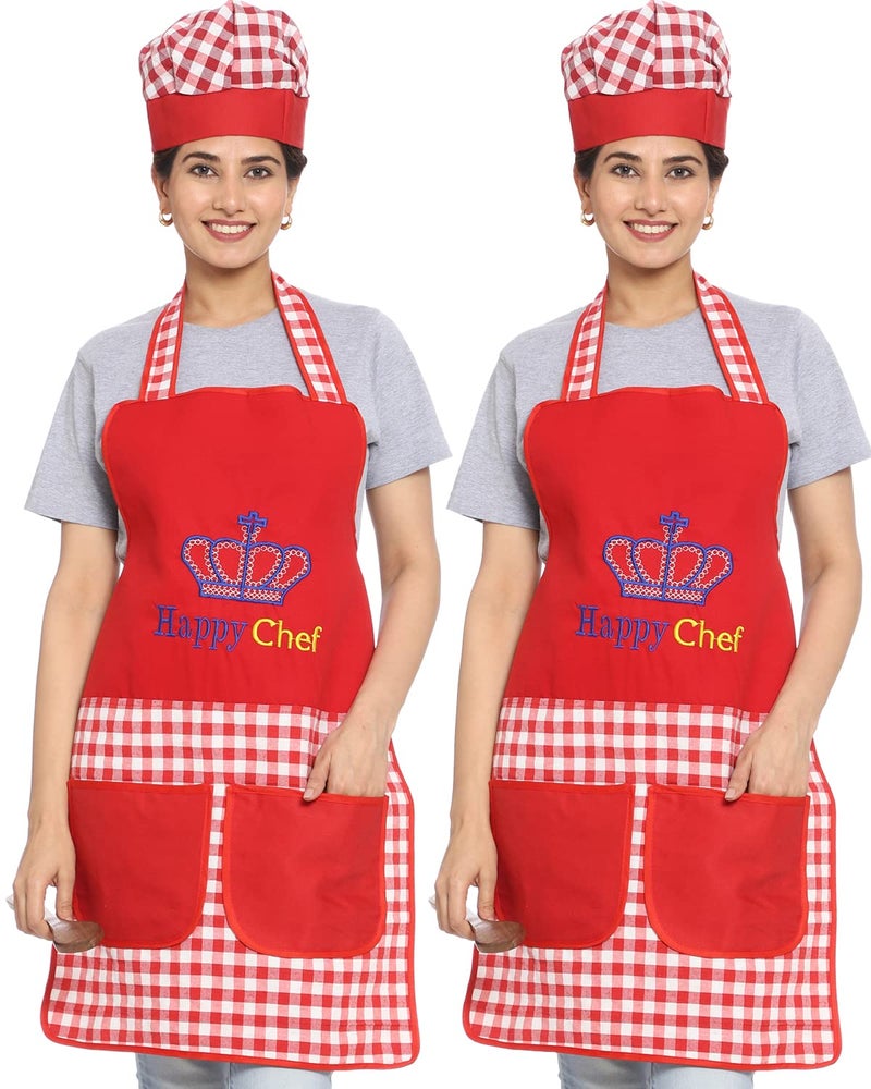 JMI Polyester Happy Chef Embroidered Waterproof Unisex Free Size Apron with Matching Chef Cap, Long Ties & Multipurpose 2 Pocket For Cooking Dusting Home Kitchen Restaurant Hotel. (Men & Women, RED-2) - Image 1