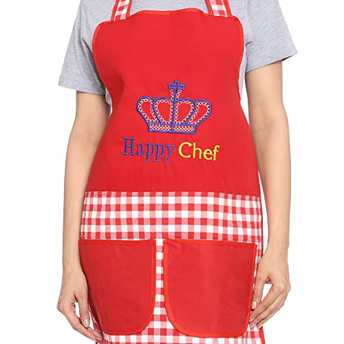 JMI Polyester Happy Chef Embroidered Waterproof Unisex Free Size Apron with Matching Chef Cap, Long Ties & Multipurpose 2 Pocket For Cooking Dusting Home Kitchen Restaurant Hotel. (Men & Women, RED-2) - Image 2