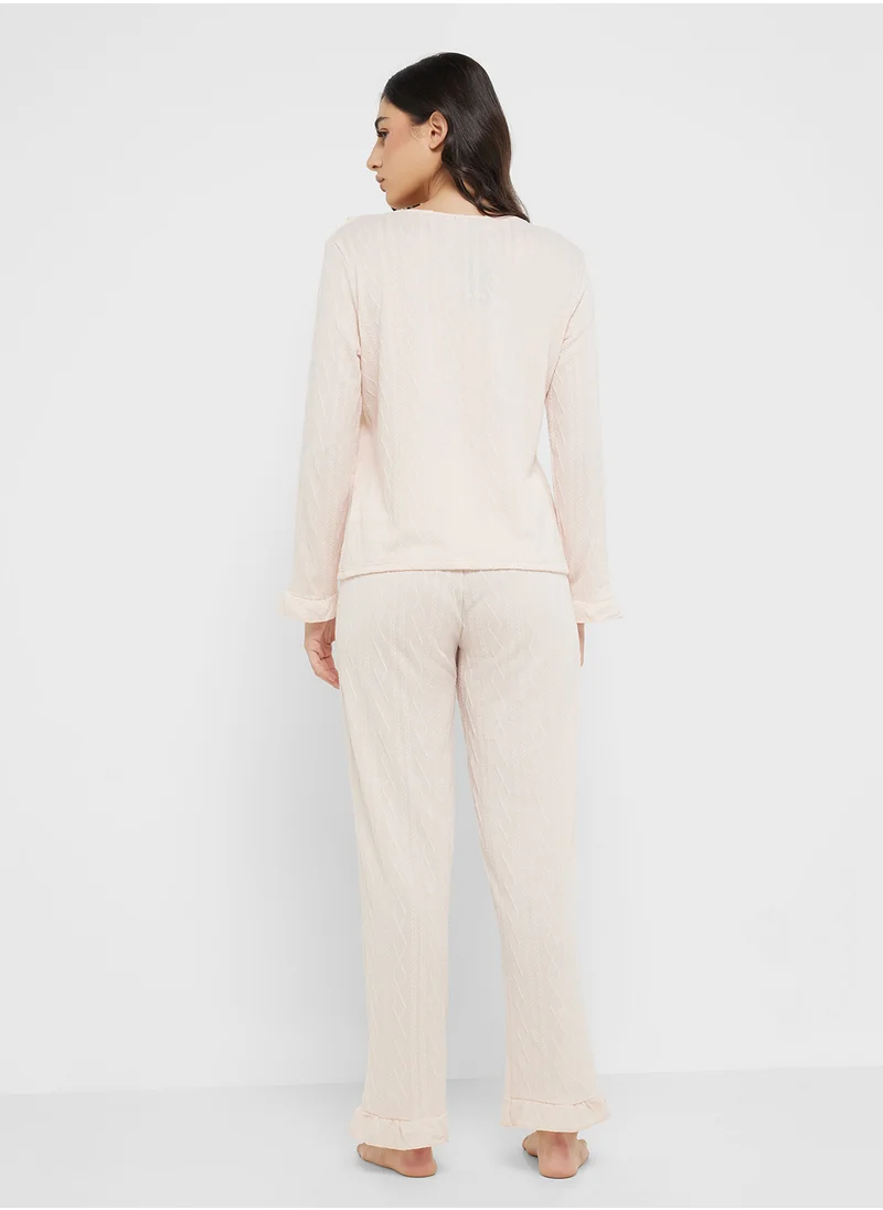 Ginger Ribbed Ruffle Detail Long Sleeves Top & Pj Set