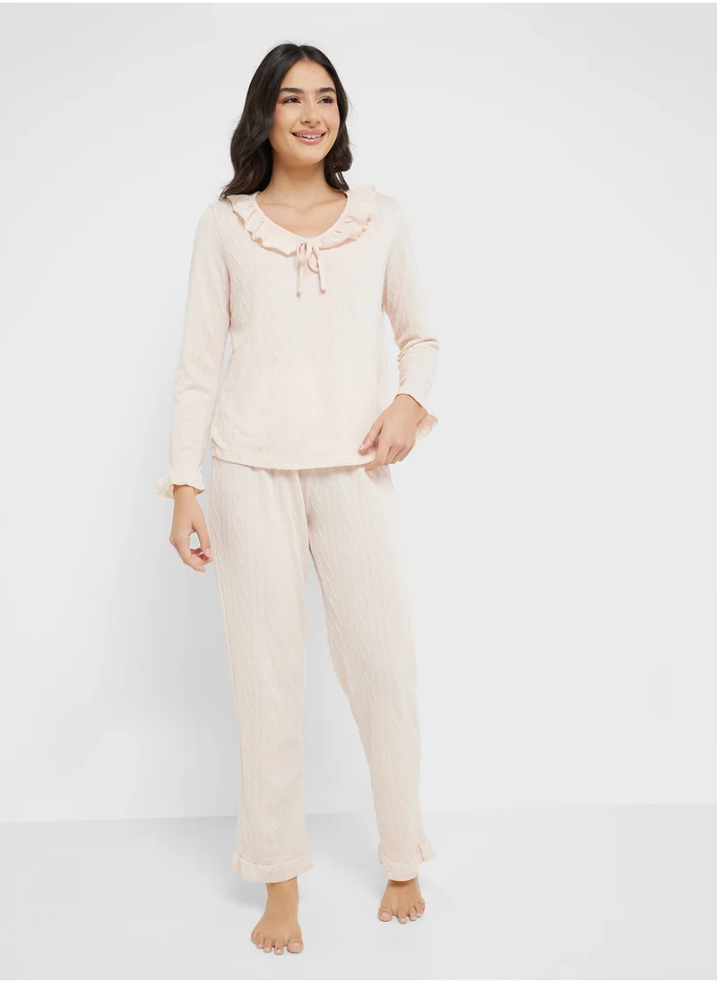 Ginger Ribbed Ruffle Detail Long Sleeves Top & Pj Set